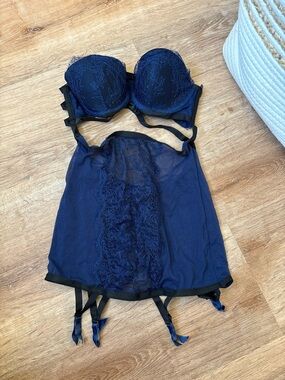 Victoria's Secret Navy Lace Babydoll Chemise with Garter Attachments